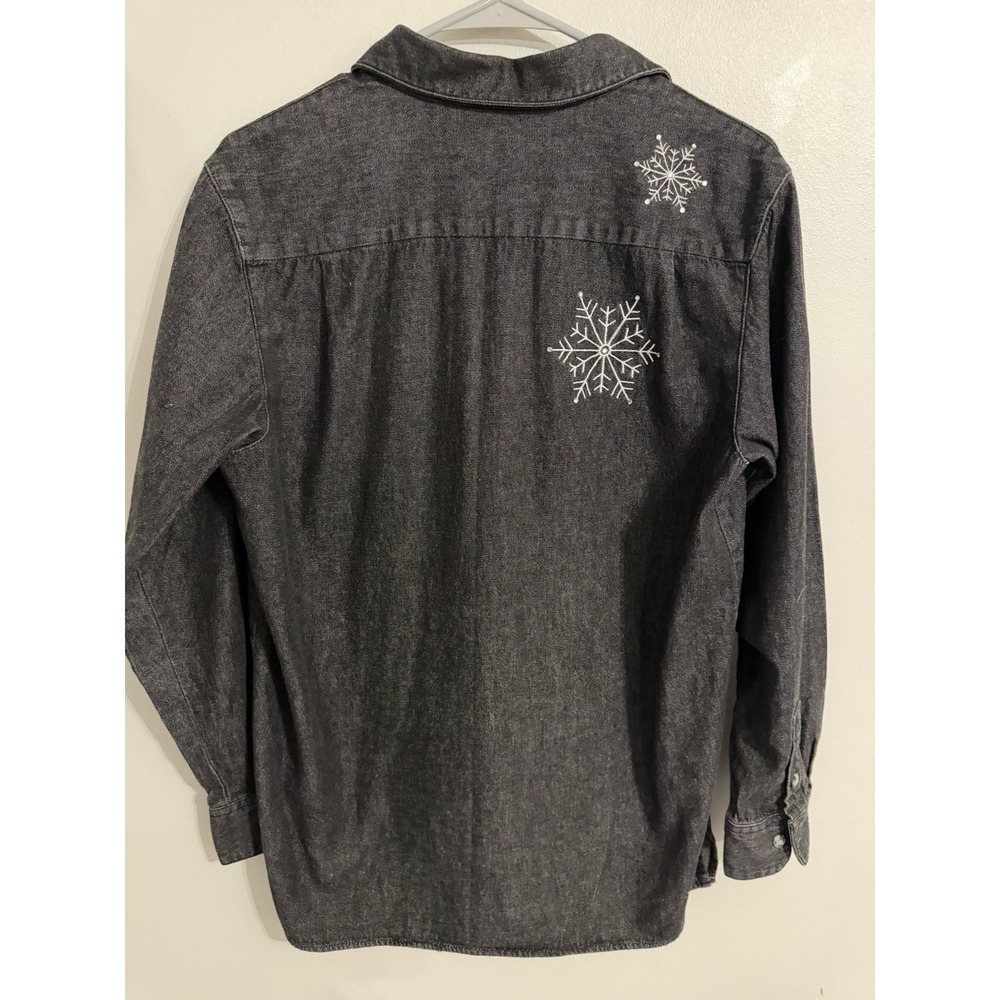 Quacker Factory Snowflake Rhinestone Embroidered Denim Shirt Holiday Small - Picture 4 of 9
